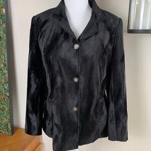 Vintage Black Size M Crushed Faux Fur Jacket Gold Logo Button Plush Velvety Soft